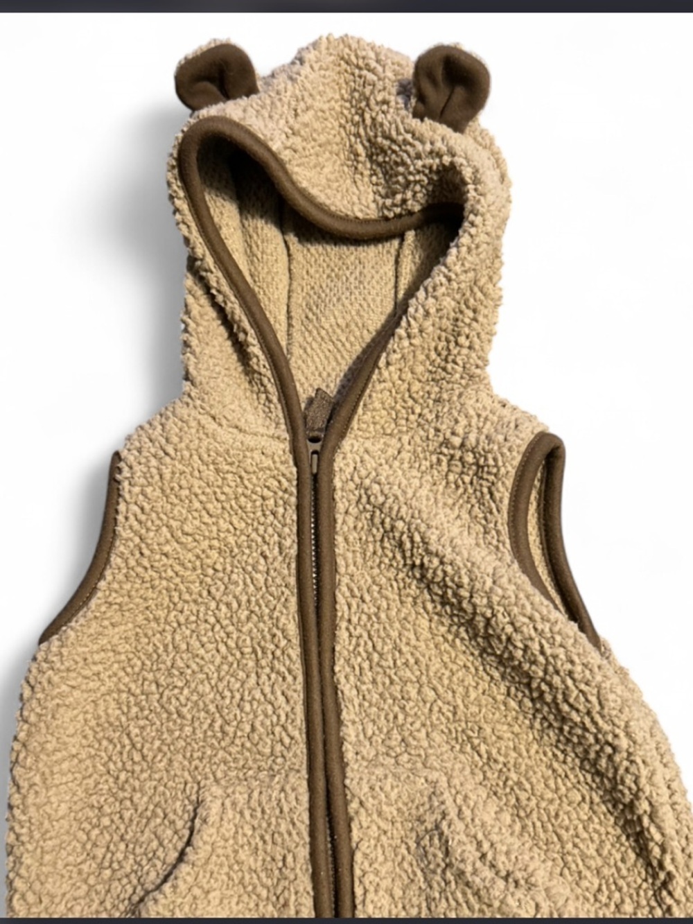 Carter's Teddy Sherpa Hooded Vest in Tan with Brown Trim
